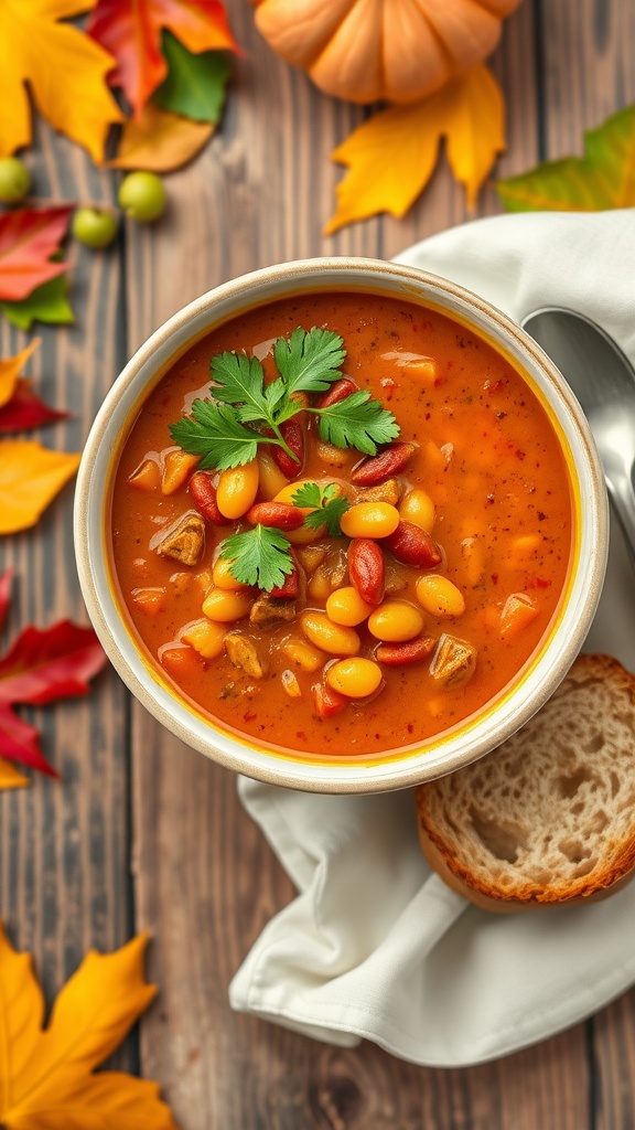 A hearty bowl of vegan pumpkin chili with beans and cilantro, surrounded by autumn leaves on a rustic table.